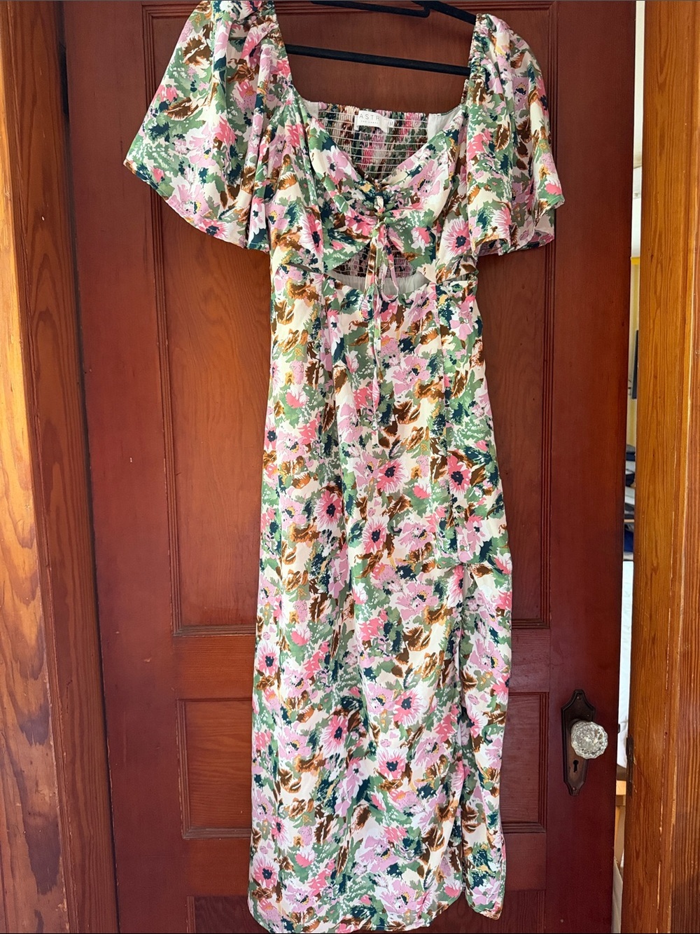 Astr Floral Puff-Sleeve Maxi Dress in Pink, Green & Brown